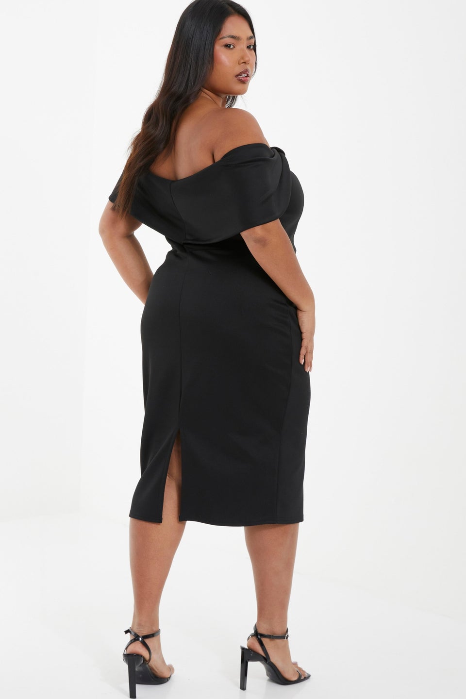 Quiz Black Curve Bardot Bow Midi Dress