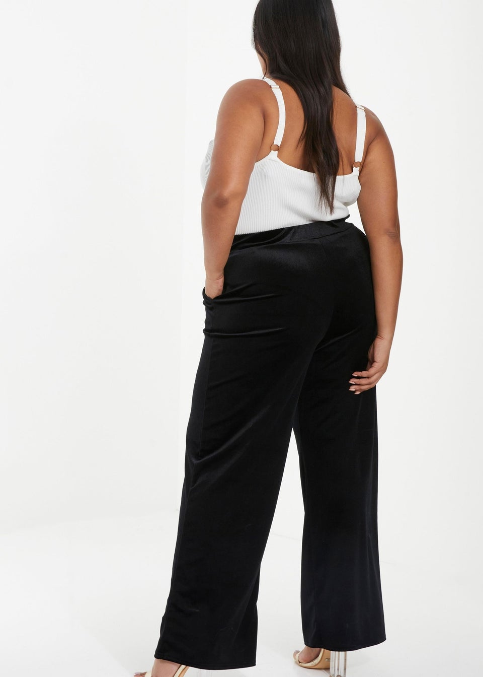 Quiz Black Curve Velvet Palazzo Trousers - Matalan