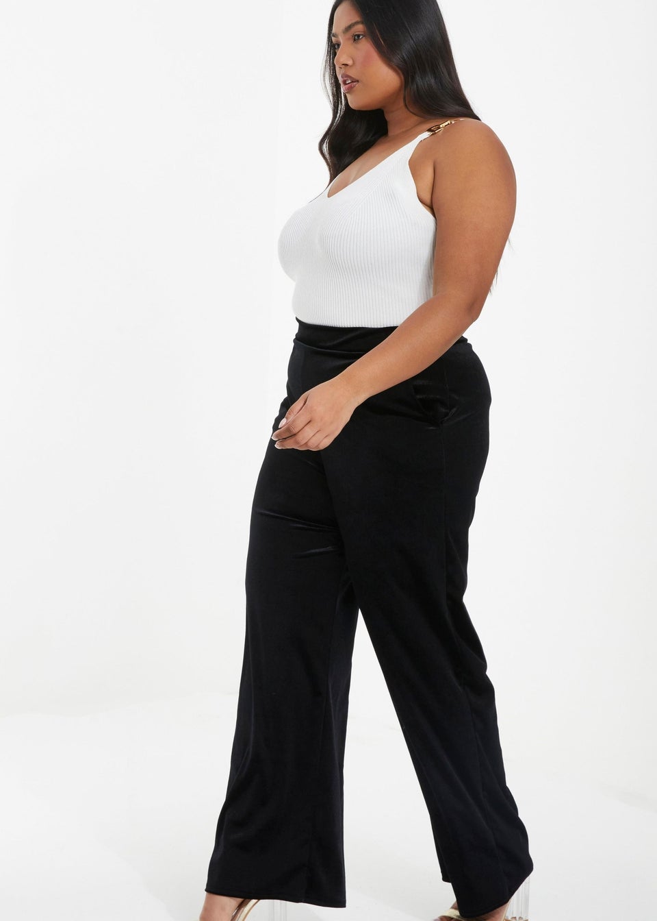 Quiz Black Curve Velvet Palazzo Trousers Matalan