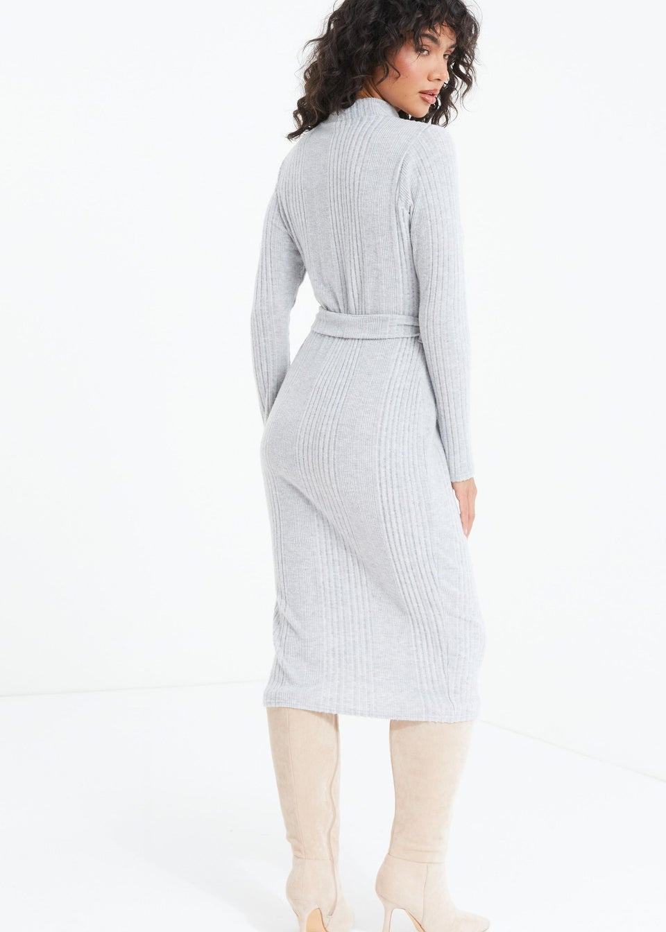 Quiz Grey Knitted Long Sleeve Midi Dress