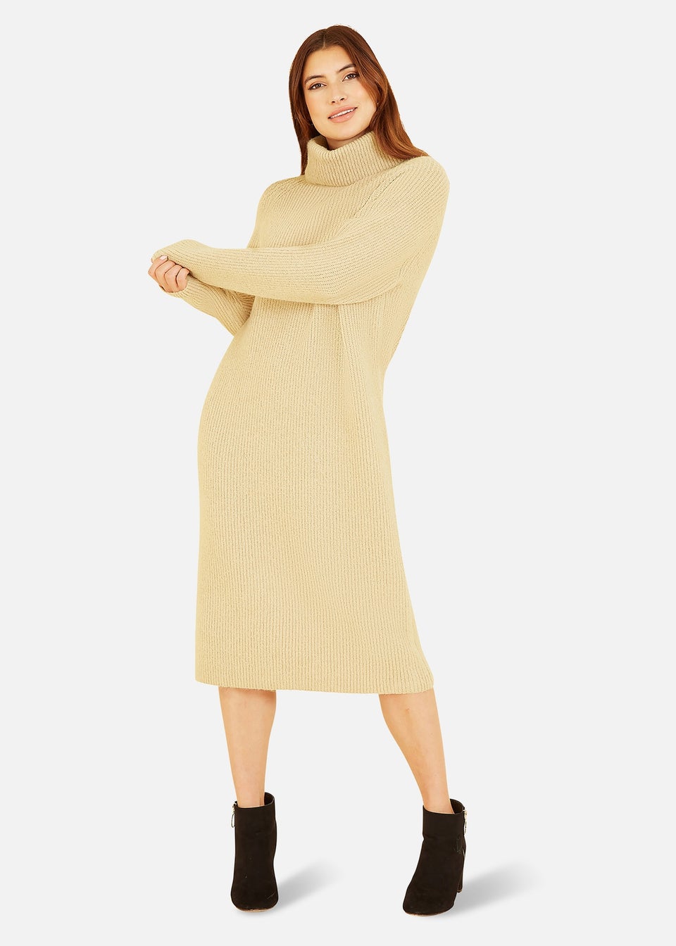 Yumi Camel Roll Neck Knitted Midi Jumper Dress