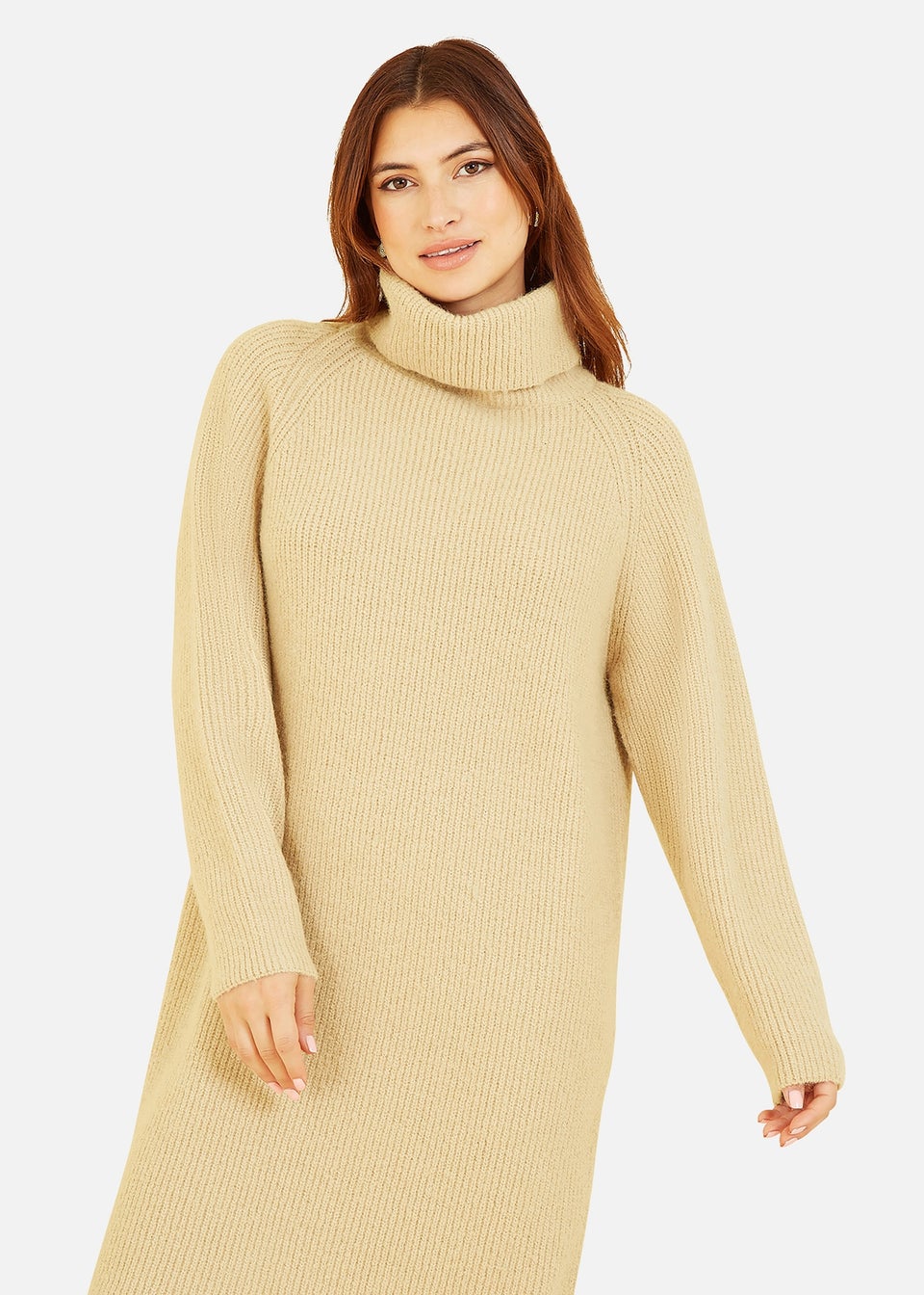 Yumi Camel Roll Neck Knitted Midi Jumper Dress