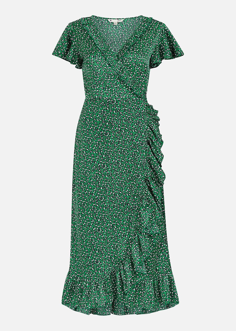 Yumi Green Leopard Satin Frill Wrap Midi Dress