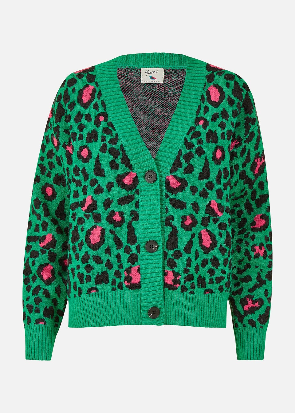 Yumi Green Animal Intarsia Knitted Cardigan
