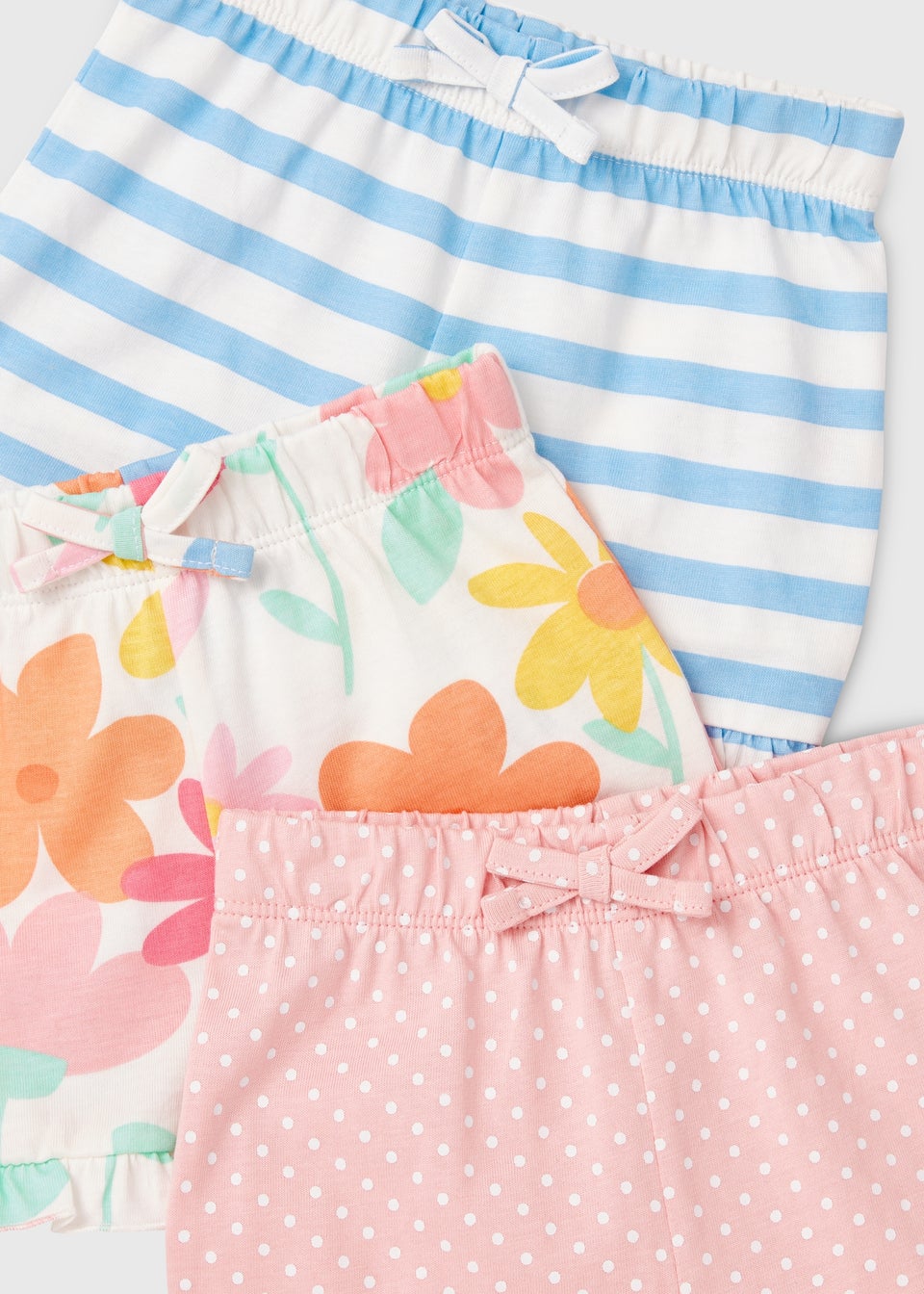 Baby 3 Pack Pink Blue & Cream Floral Shorts (Newborn-23mths)