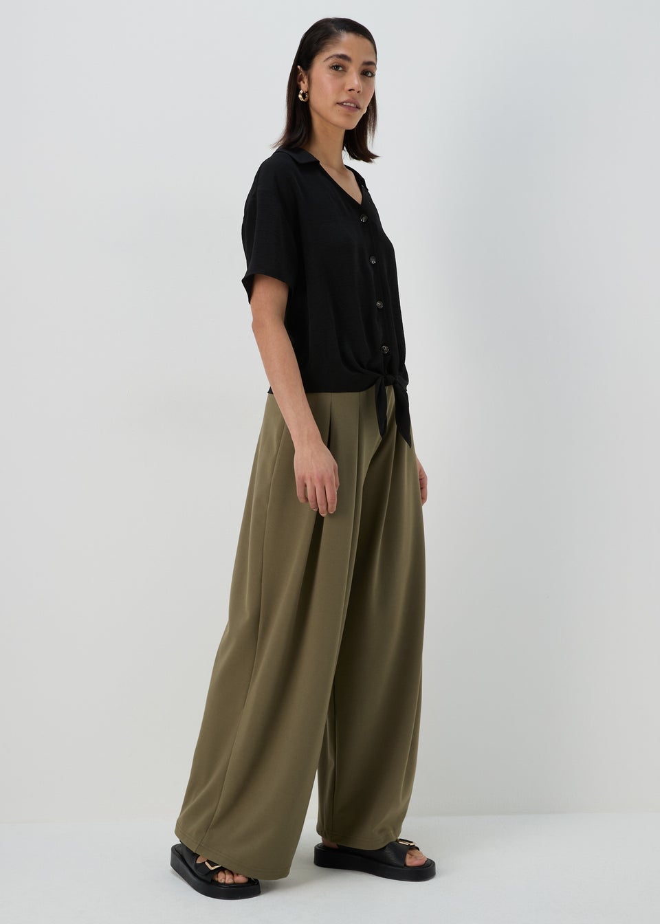 Khaki Pleated Front Jersey Trousers