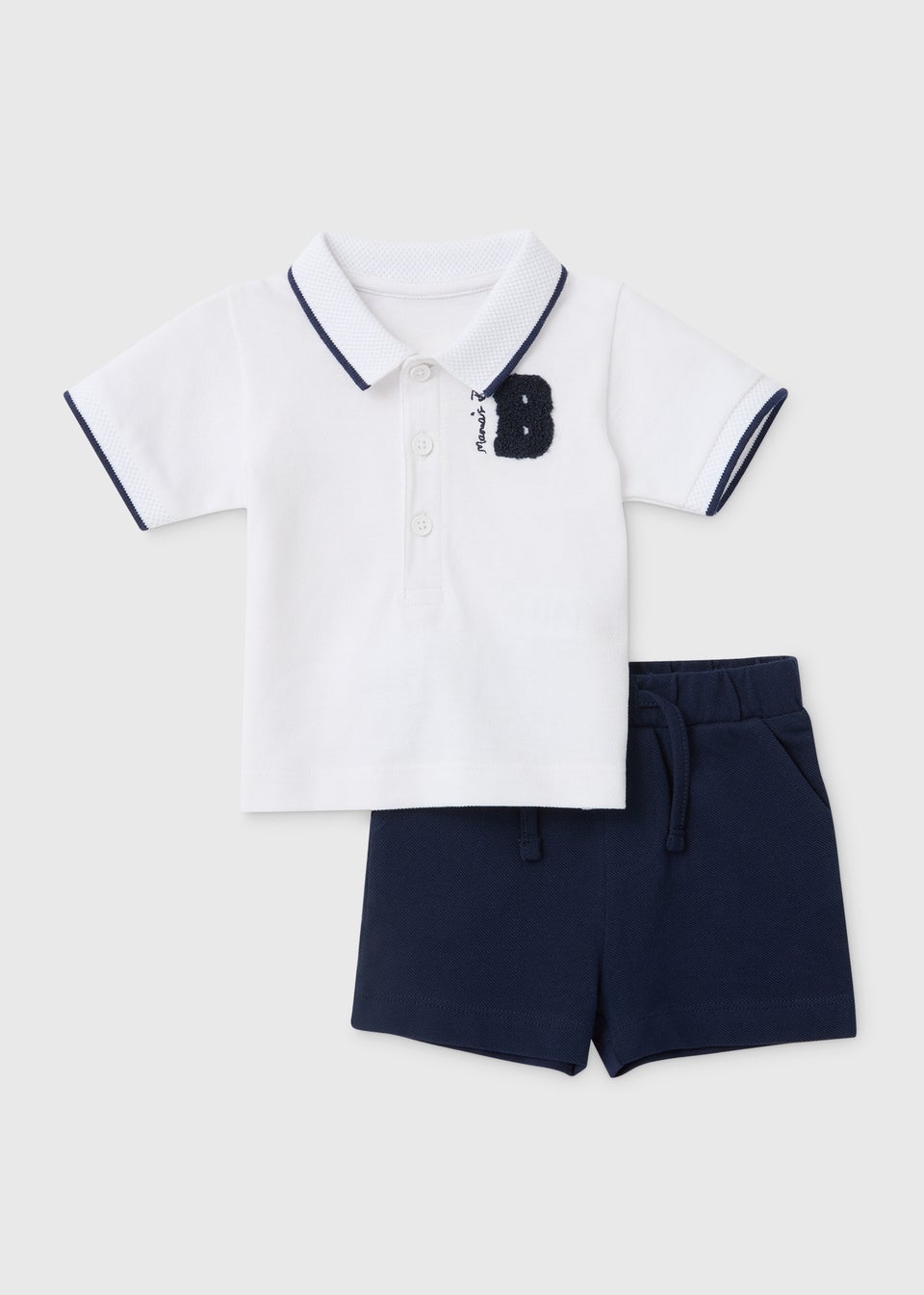 Baby White & Navy Boucle Badge Polo Shirt & Shorts Set (Newborn-23mths)