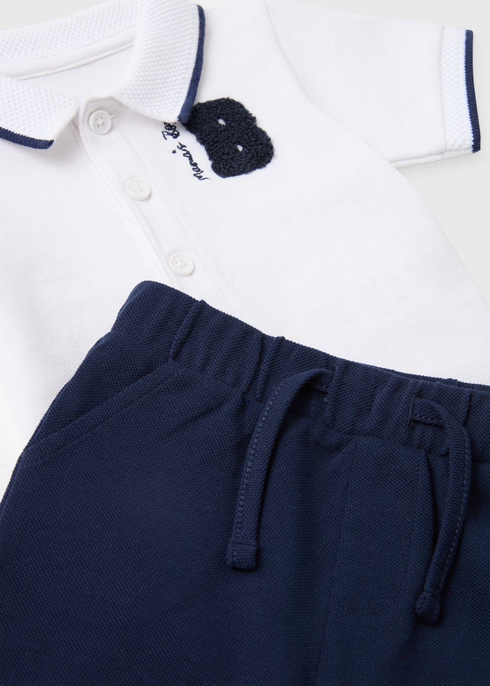 Baby White & Navy Boucle Badge Polo Shirt & Shorts Set (Newborn-23mths)