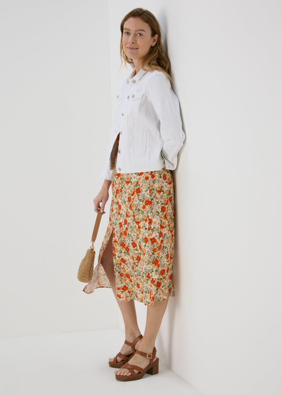 Papaya Petite Beige Ditsy Flared Hem Button Skirt