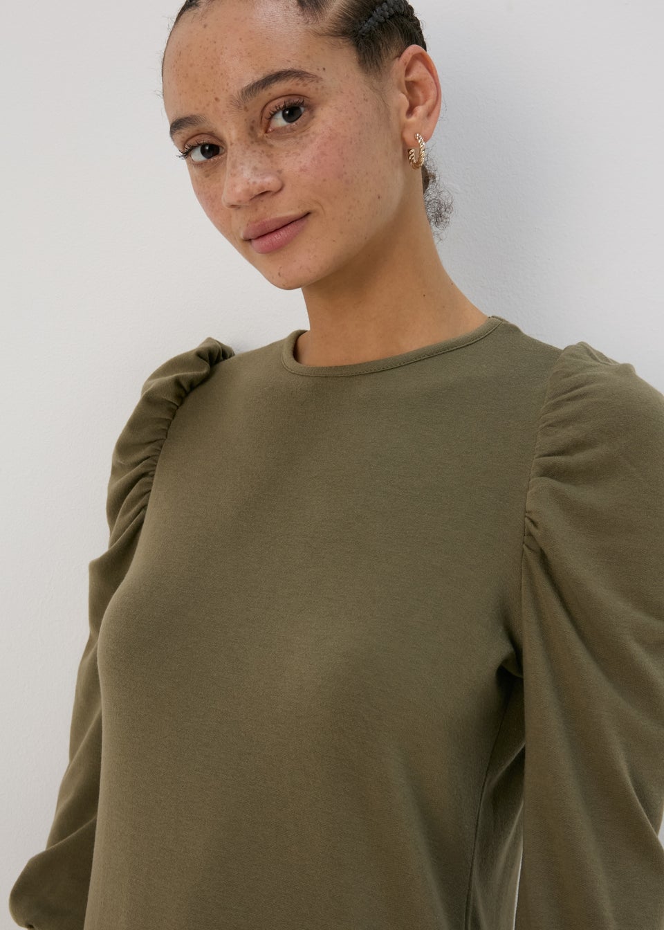 Khaki Puff Sleeve Smock Dress