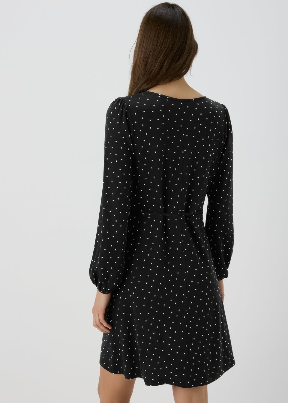 Black Spot Tie Waist Mini Jersey Dress