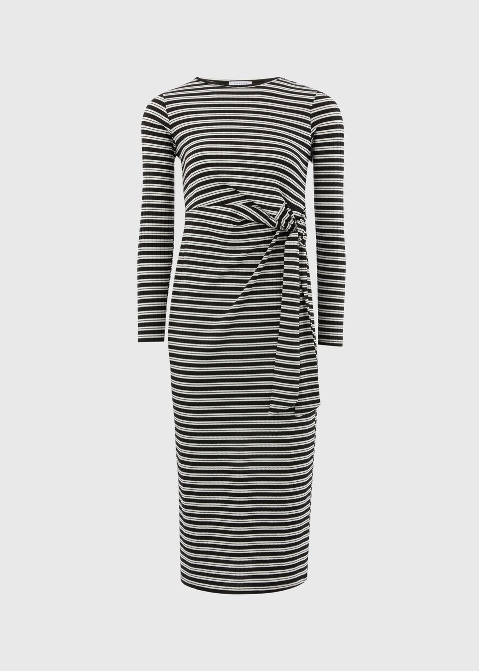 Black Stripe Tie Side Ribbed Midi Dress