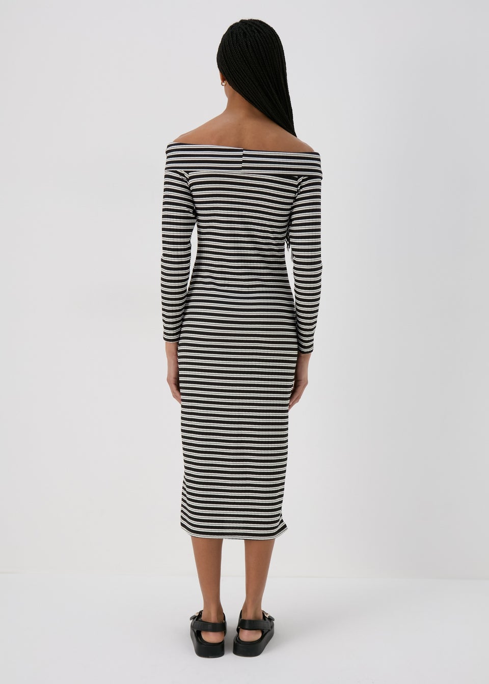 Black Stripe Ribbed Bardot Dress