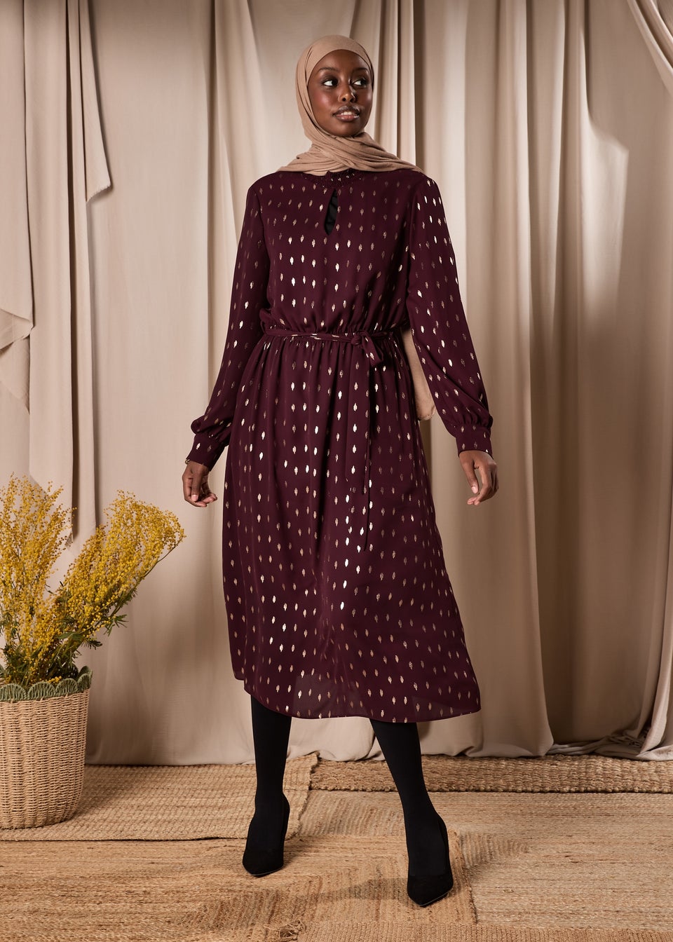 Burgundy Chiffon Belted Midi Dress