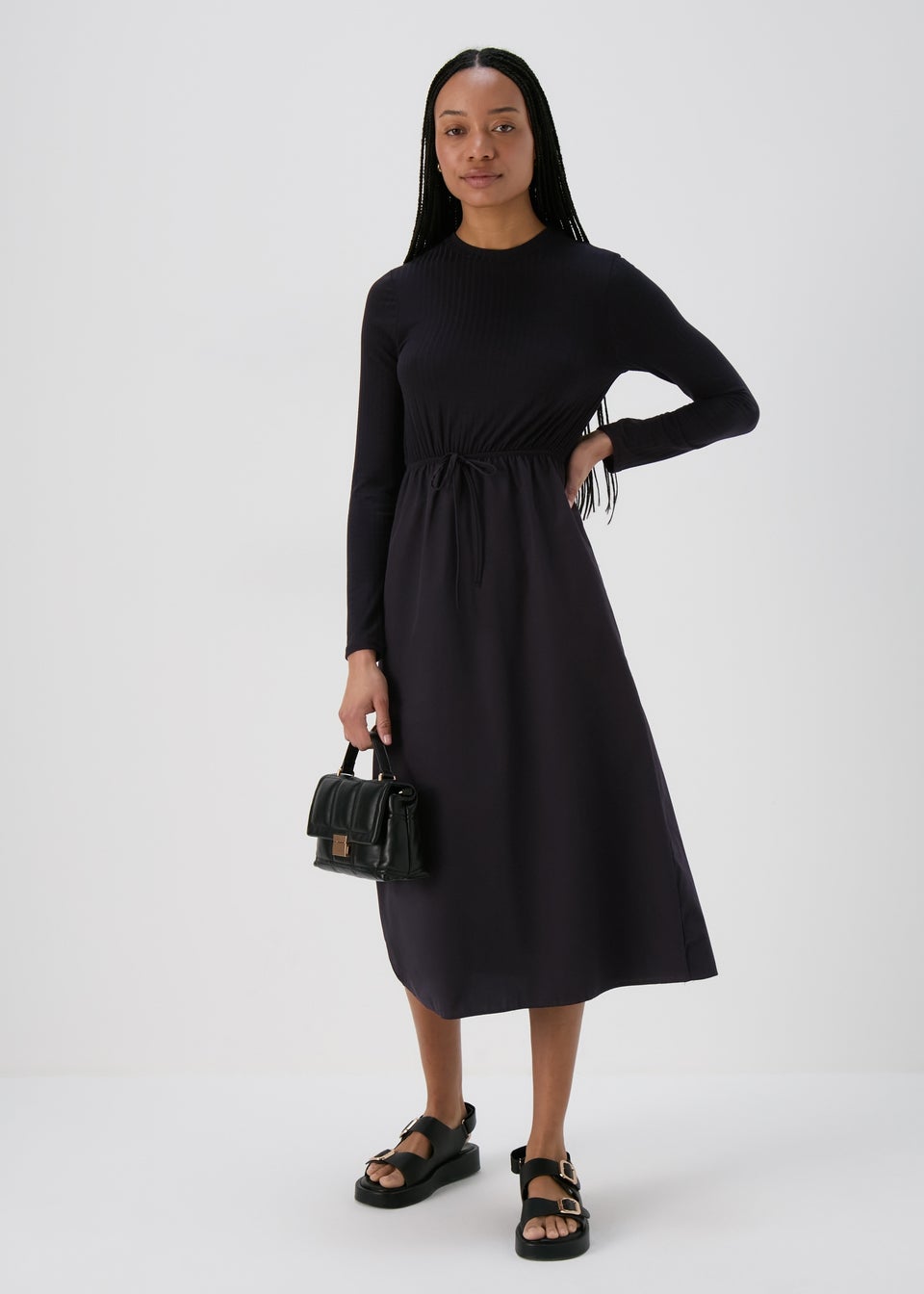 Black Jersey Woven Midi Dress