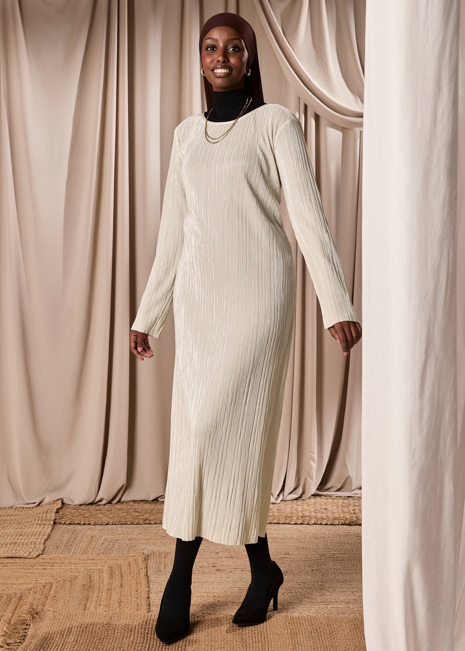 Cream Plisse Column Dress
