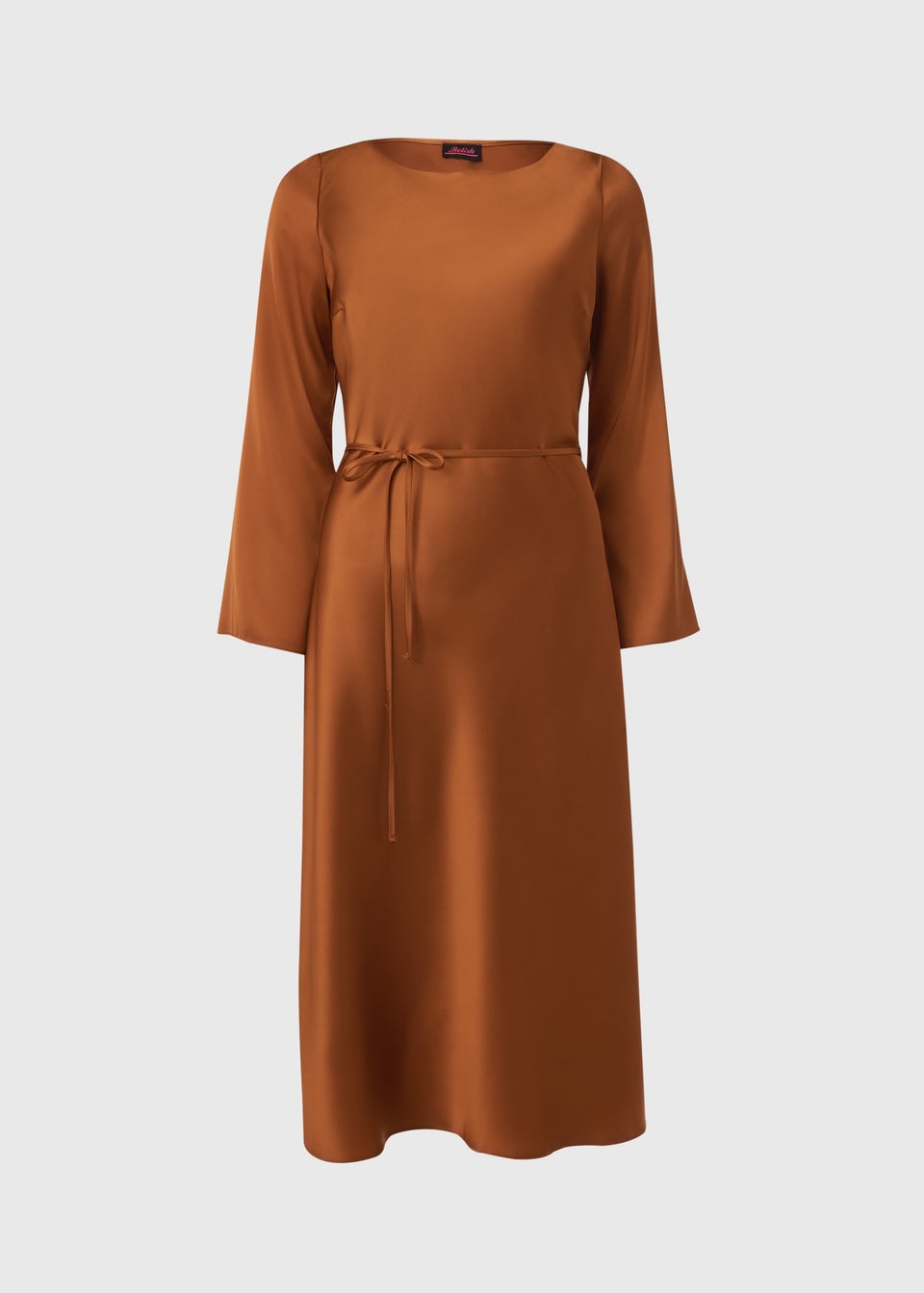 Rust Satin Belted Midi Dress