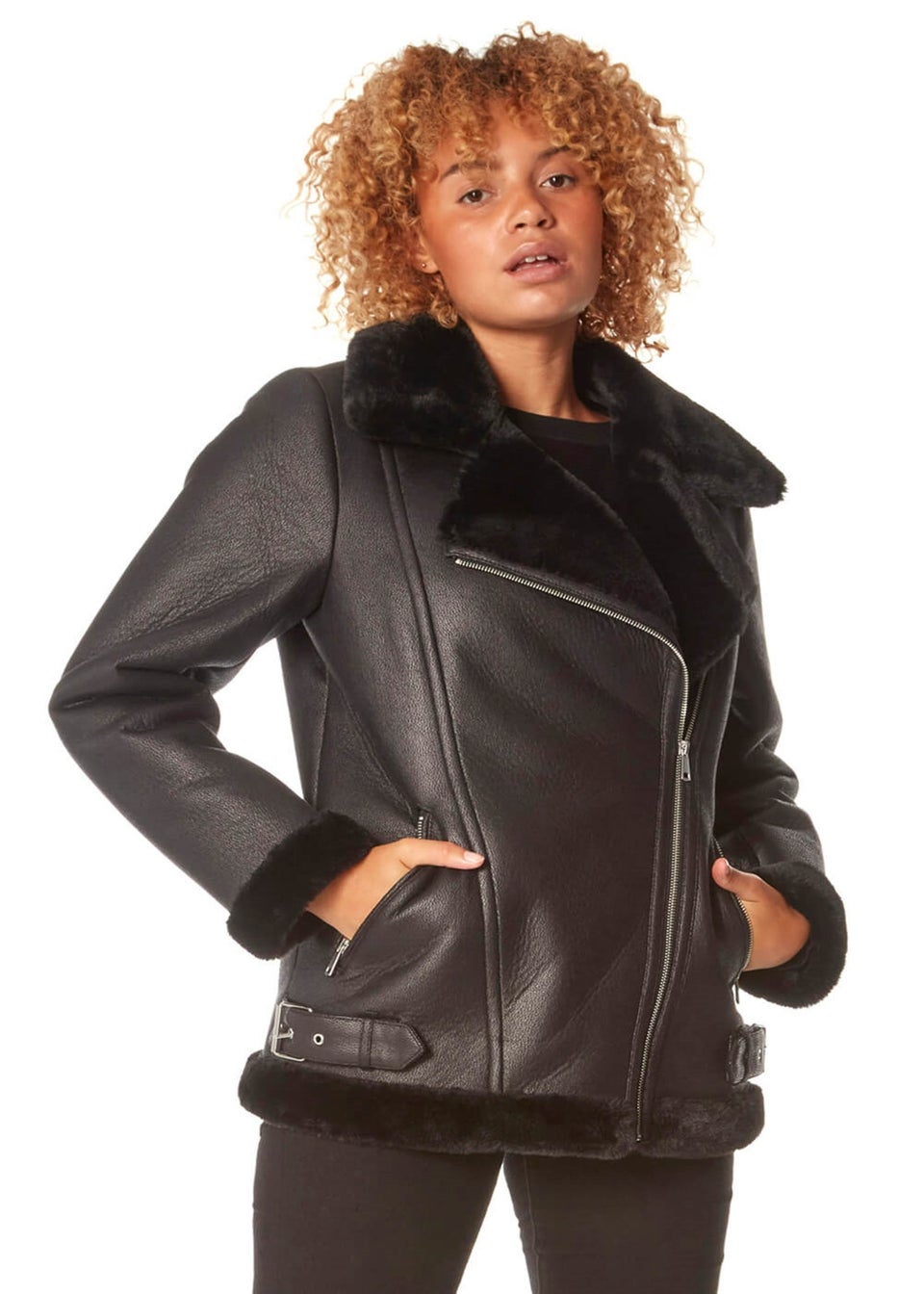 Roman Black Faux Fur Lined Zip Detail Aviator Jacket Matalan