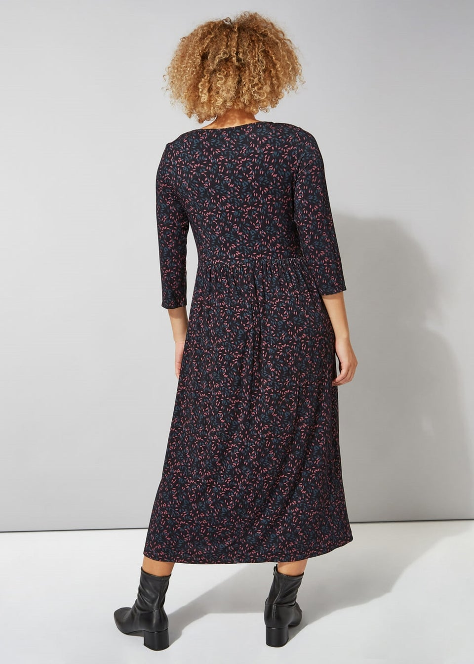 Roman Black Ditsy Print 3/4 Sleeve Midi Dress