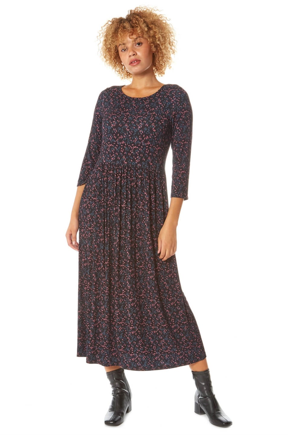 Roman Black Ditsy Print 3 4 Sleeve Midi Dress