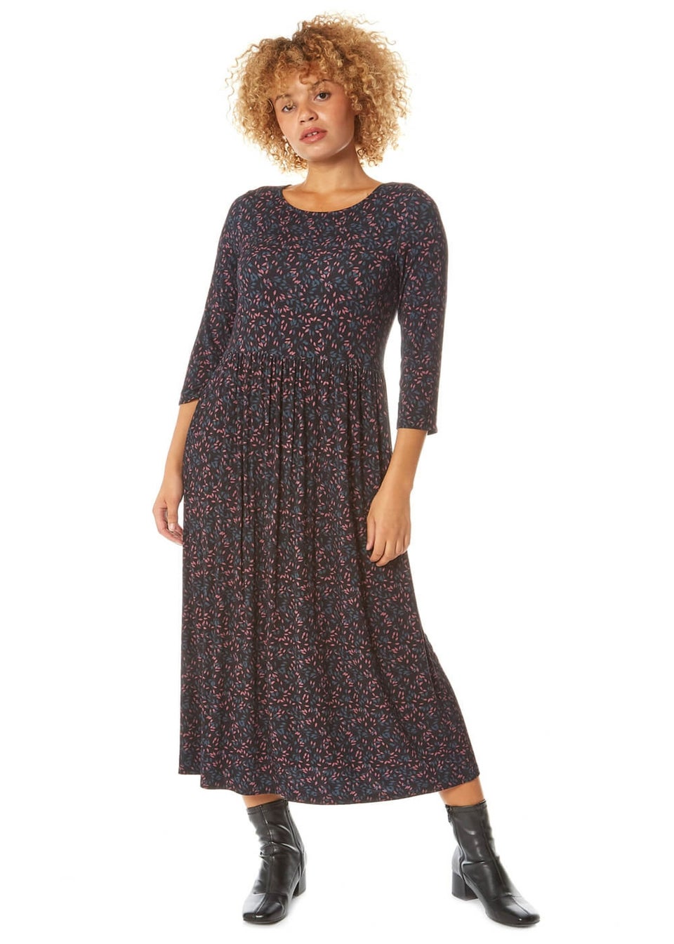 Roman Black Ditsy Print 3/4 Sleeve Midi Dress