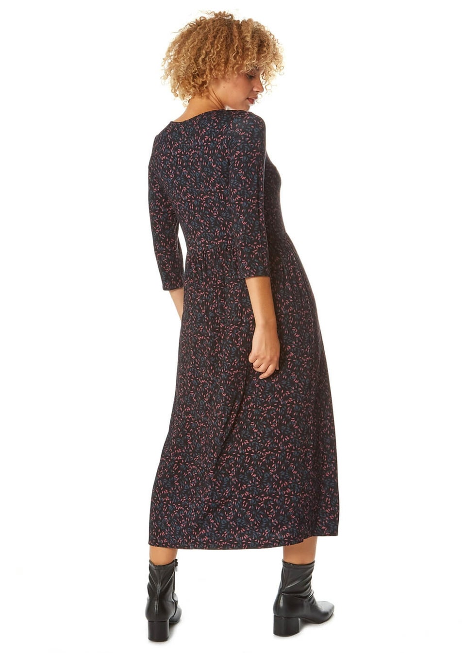 Roman Black Ditsy Print 3/4 Sleeve Midi Dress