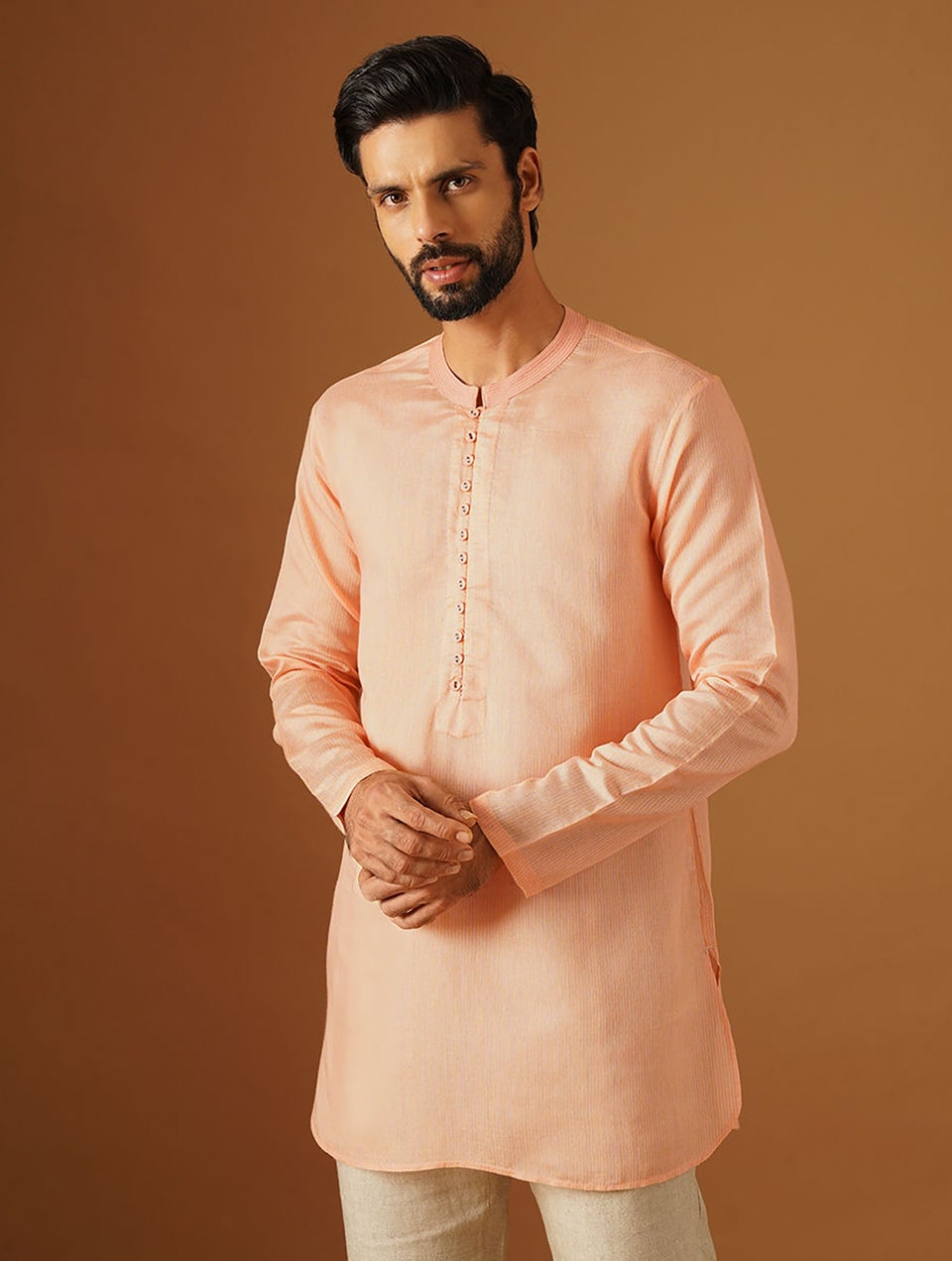 Men Peach Orange Silk Viscose Round Neck Regular Fit Kurta