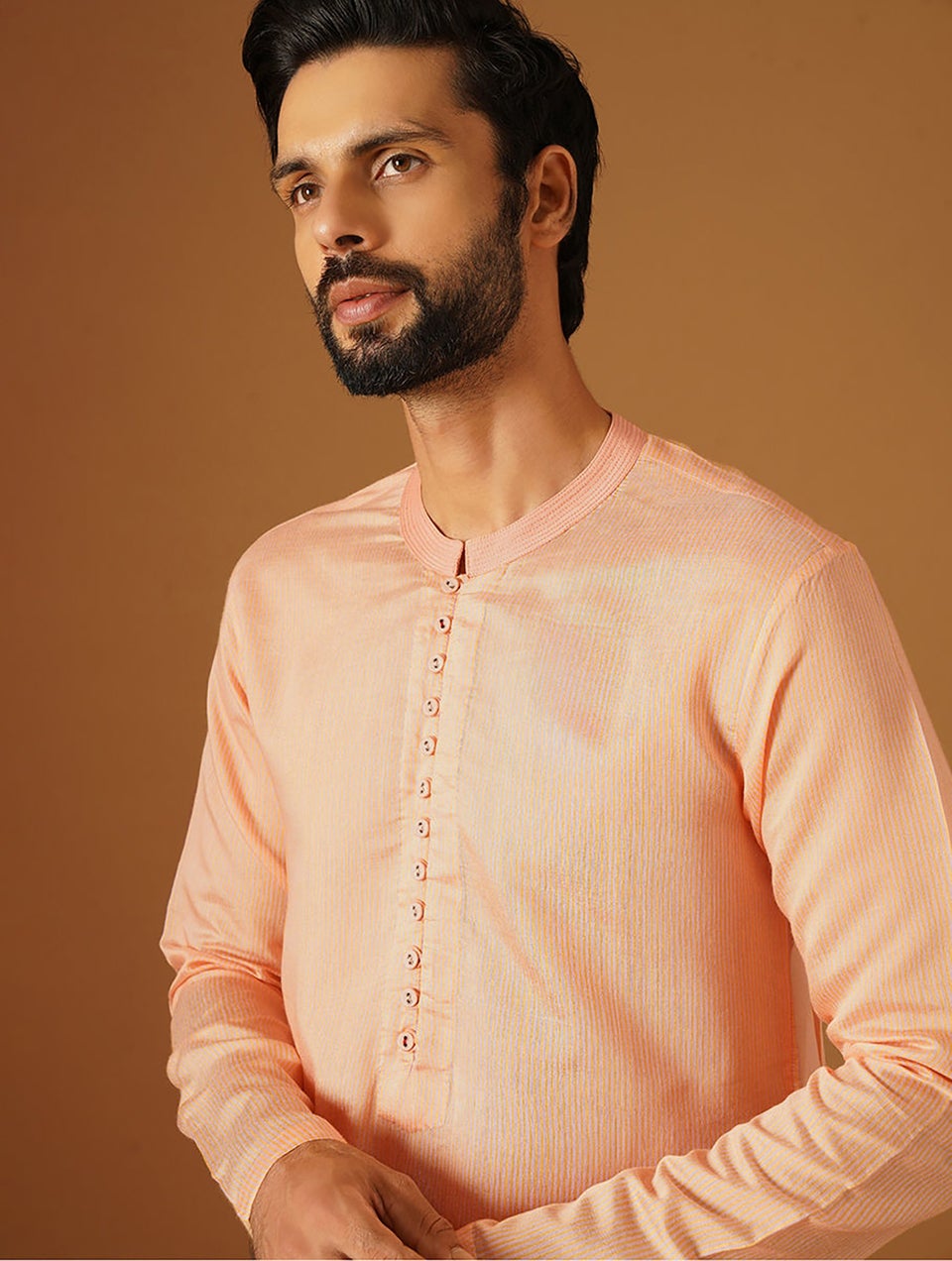 Men Peach Orange Silk Viscose Round Neck Regular Fit Kurta