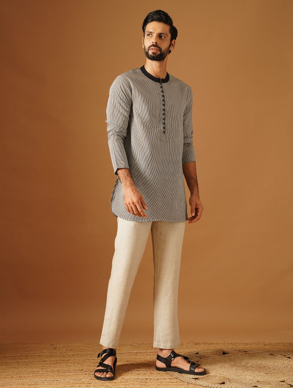 Men Black Silk Viscose Round Neck Regular Fit Kurta