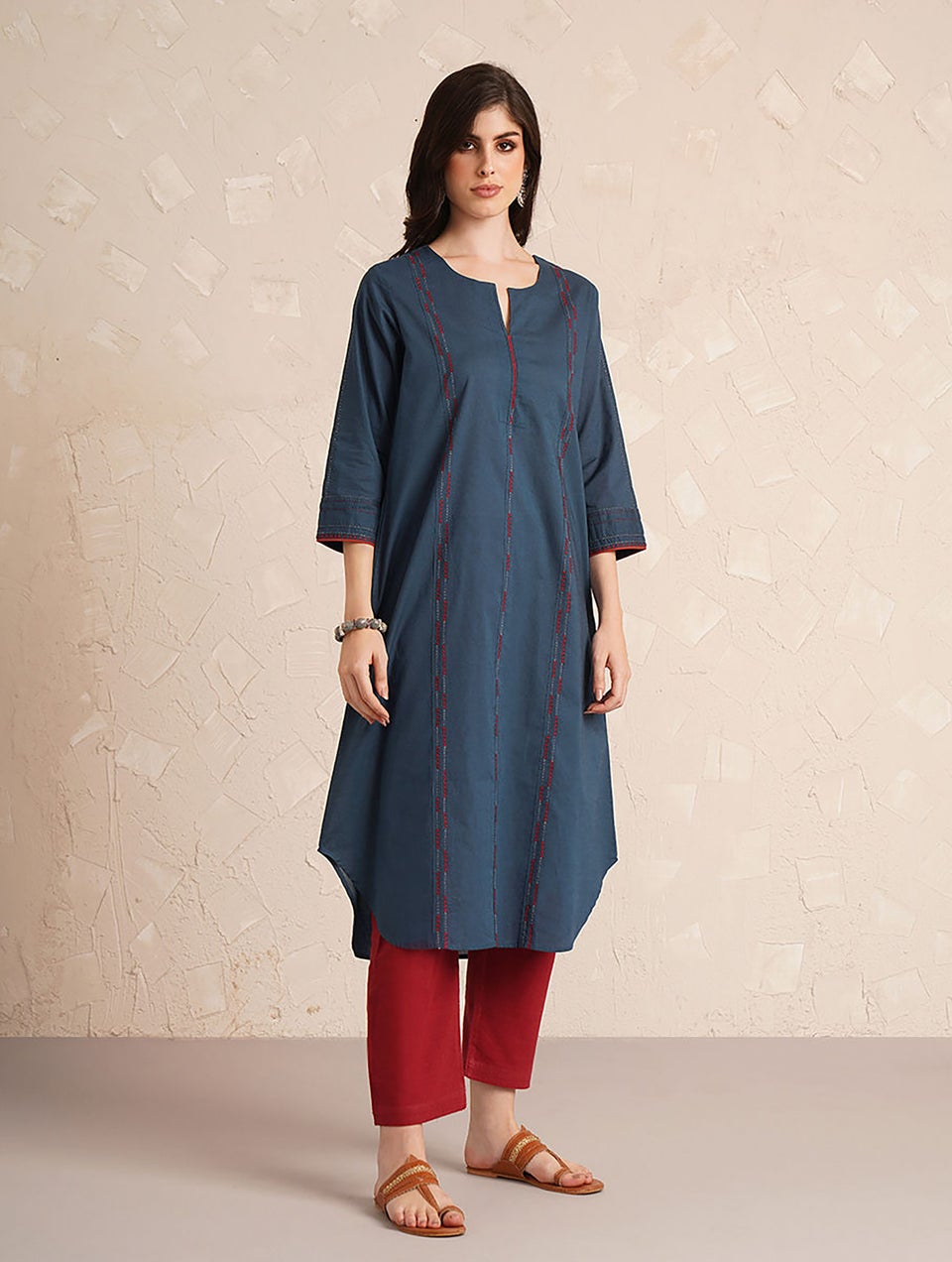 Women Navy Blue Cotton Kantha Round Neck Regular Fit Kurta