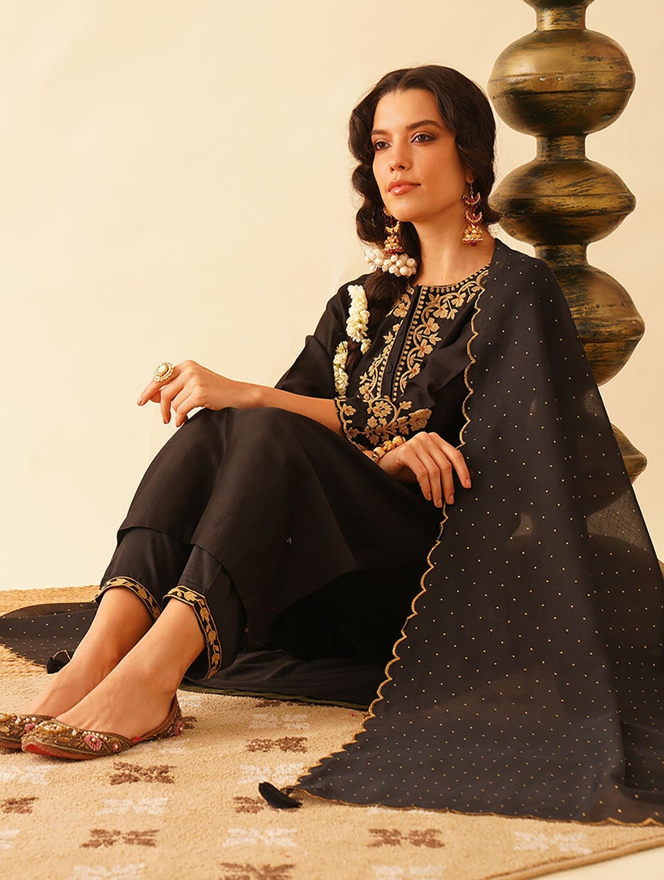 Women Black Cotton Silk Embroidered Round Neck Straight Kurta With Pant