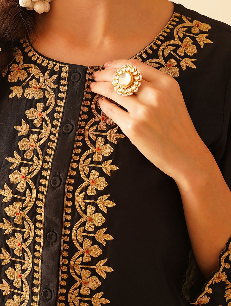 Women Black Cotton Silk Embroidered Round Neck Straight Kurta With Pant