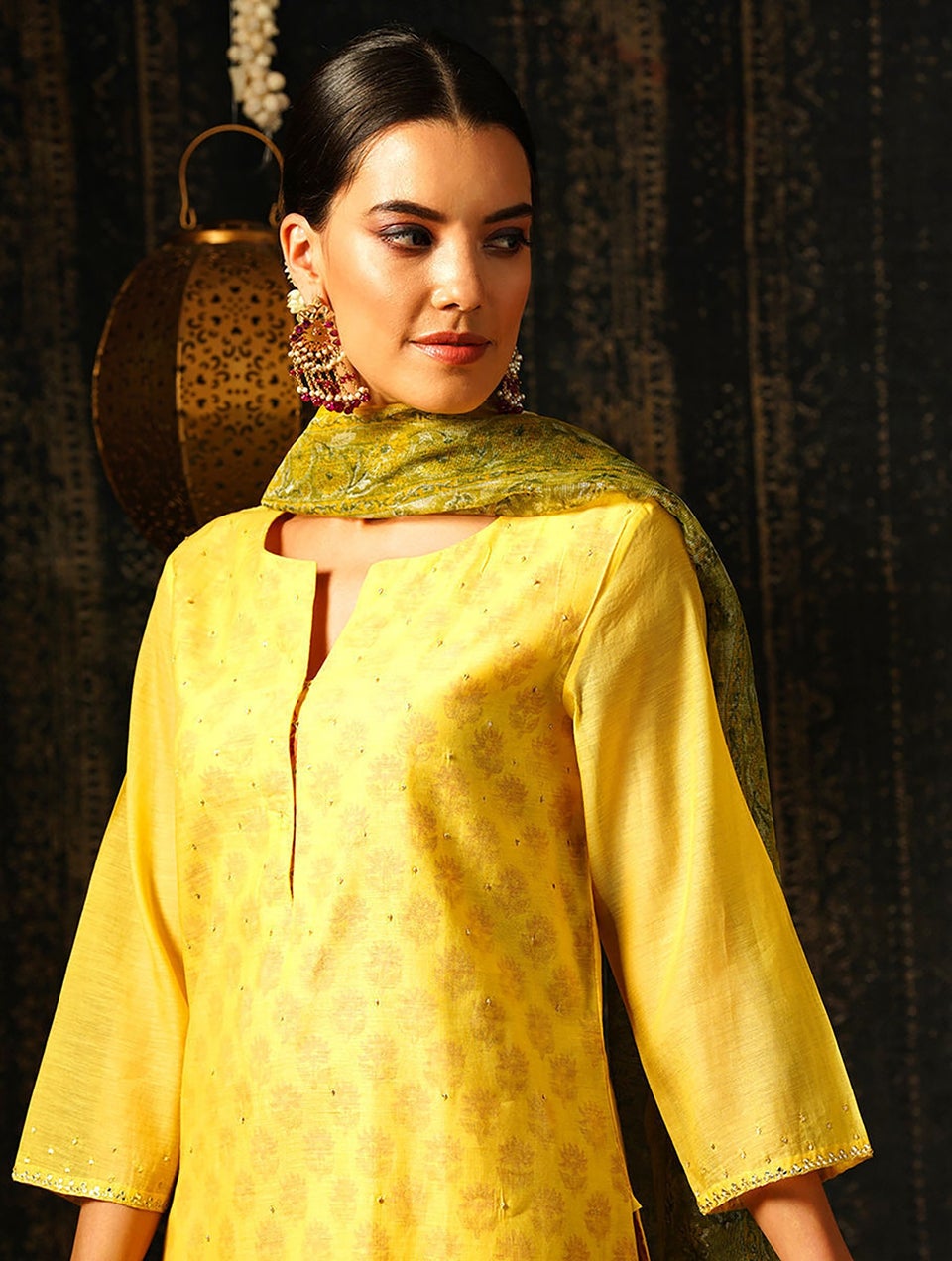 Women Yellow Cotton Silk Block Print Round Neck Straight Fit Kurta
