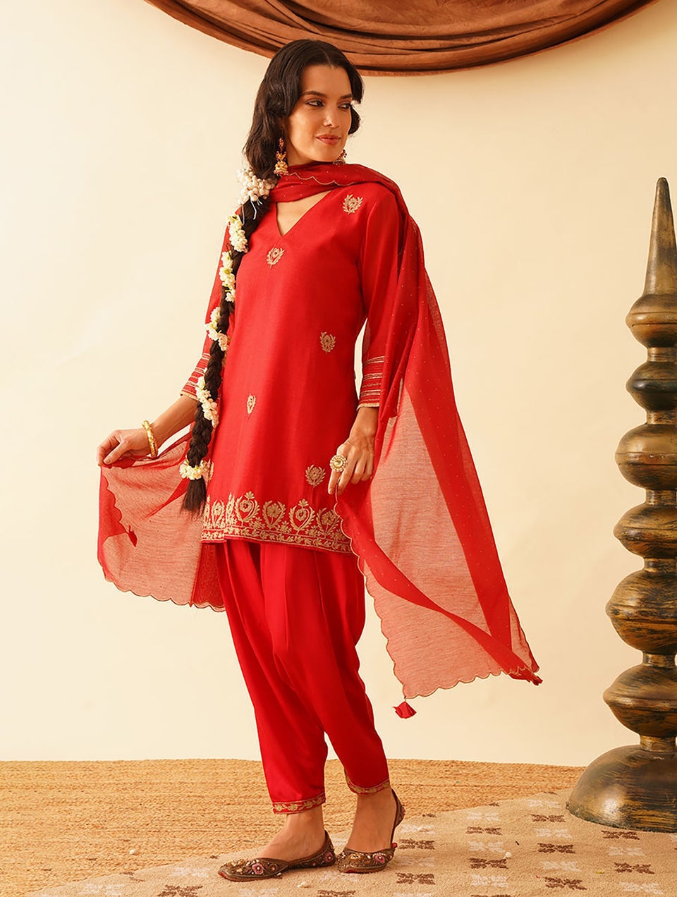 Women Red Cotton Silk Embroidered V Neck Straight Kurta With Salwar