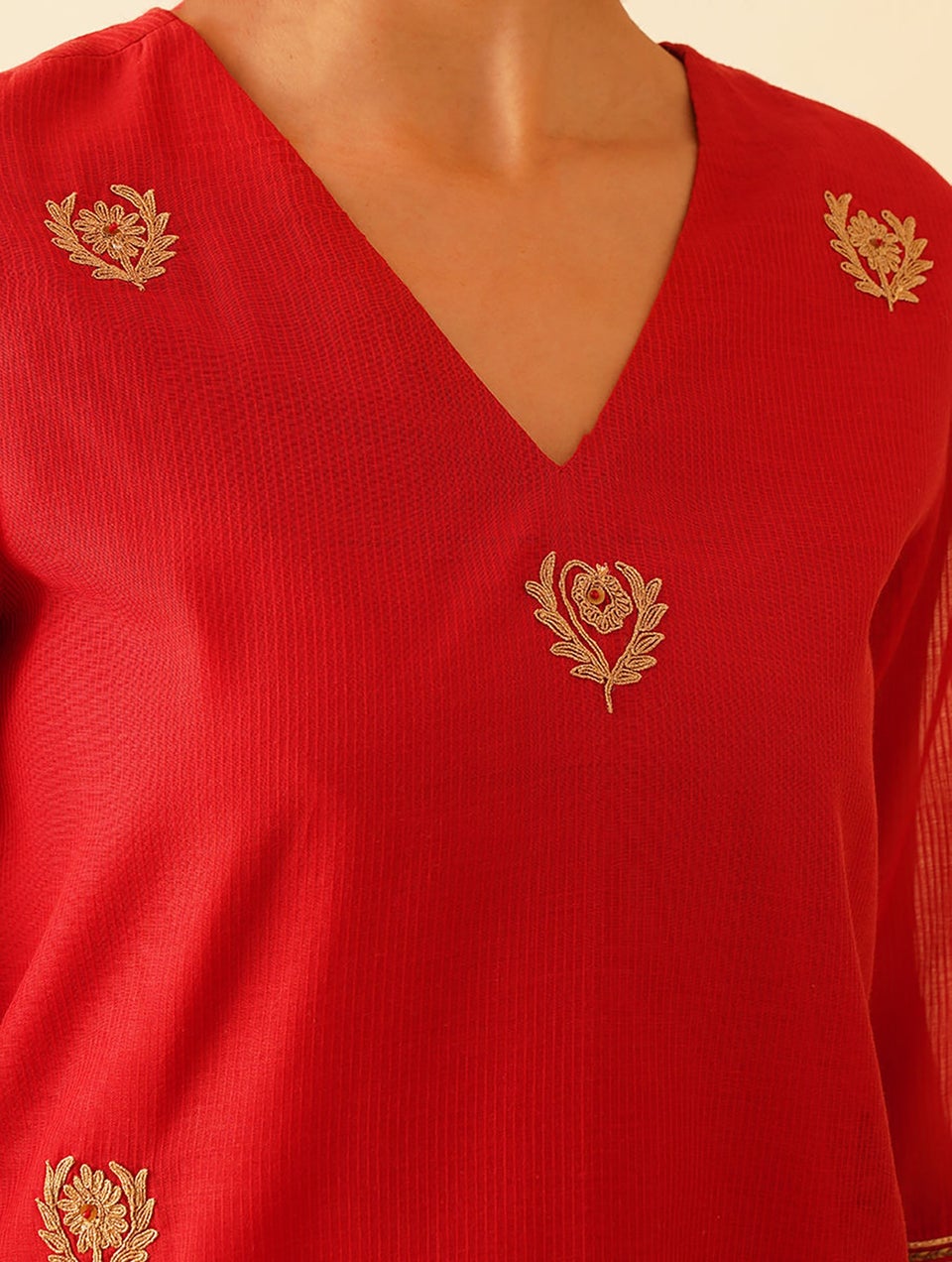 Women Red Cotton Silk Embroidered V Neck Straight Kurta With Salwar