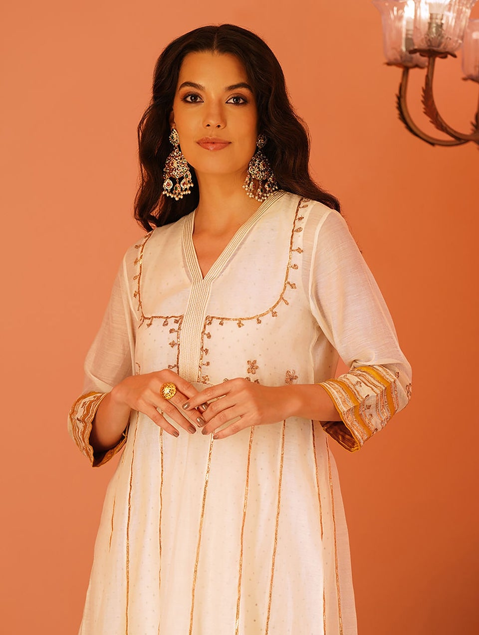 Women Ivory Cotton Silk V Neck Flared Kurta , Slip & Churidar