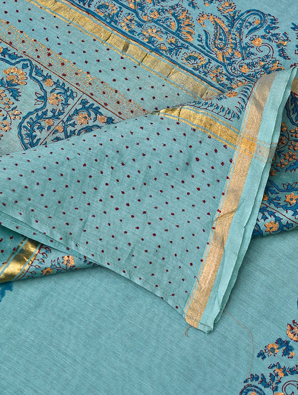 Women Blue Cotton Silk Block Print Dupatta