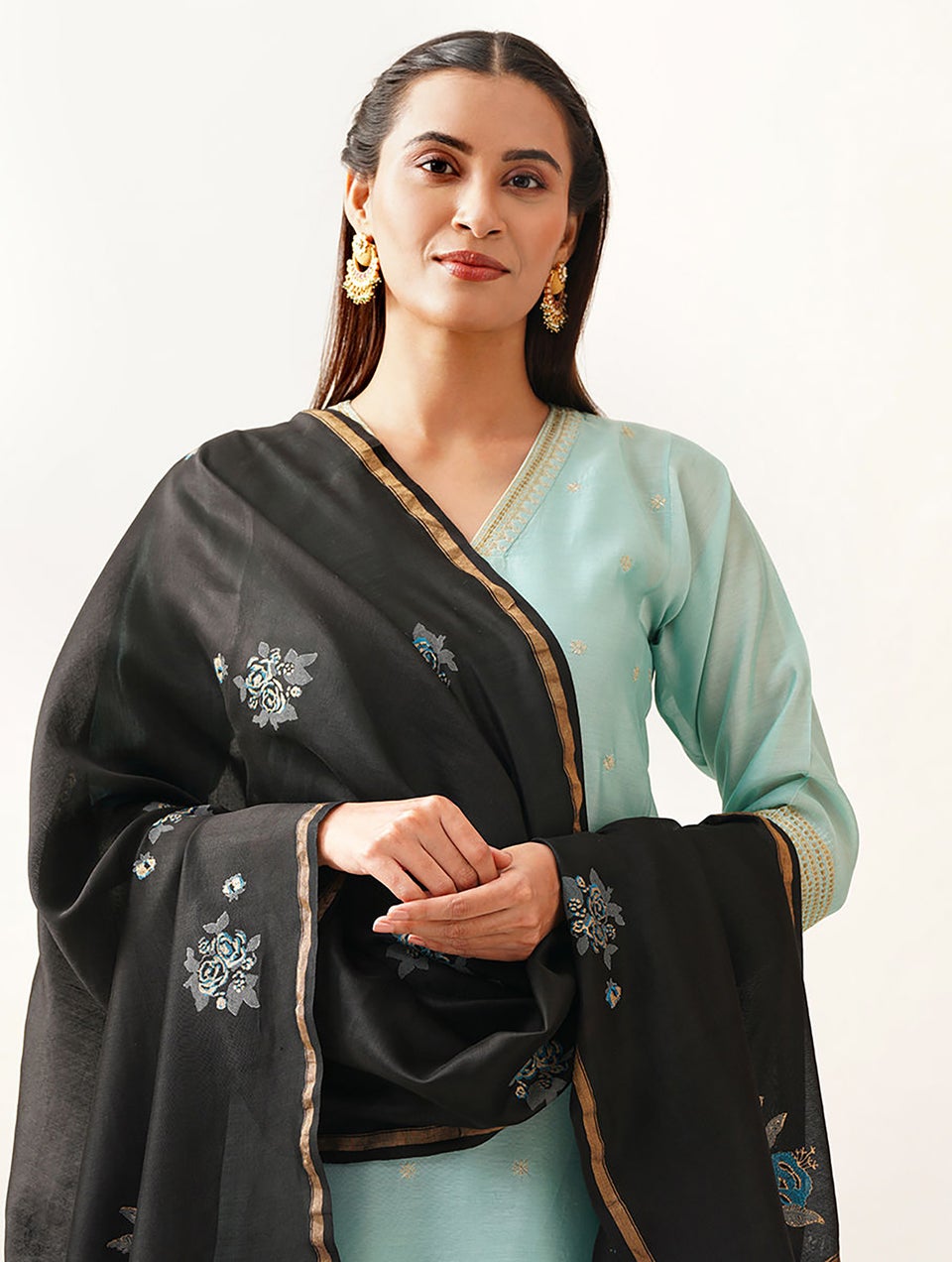 Women Black Cotton Silk Block Print Dupatta