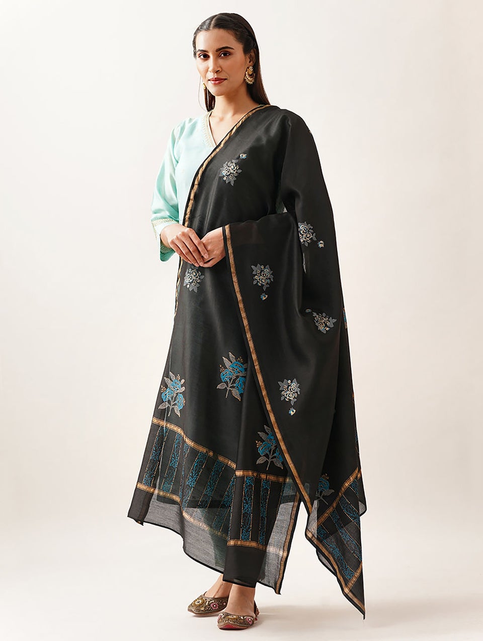 Women Black Cotton Silk Block Print Dupatta