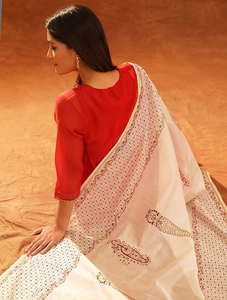 Women White Cotton Silk Block Print Dupatta
