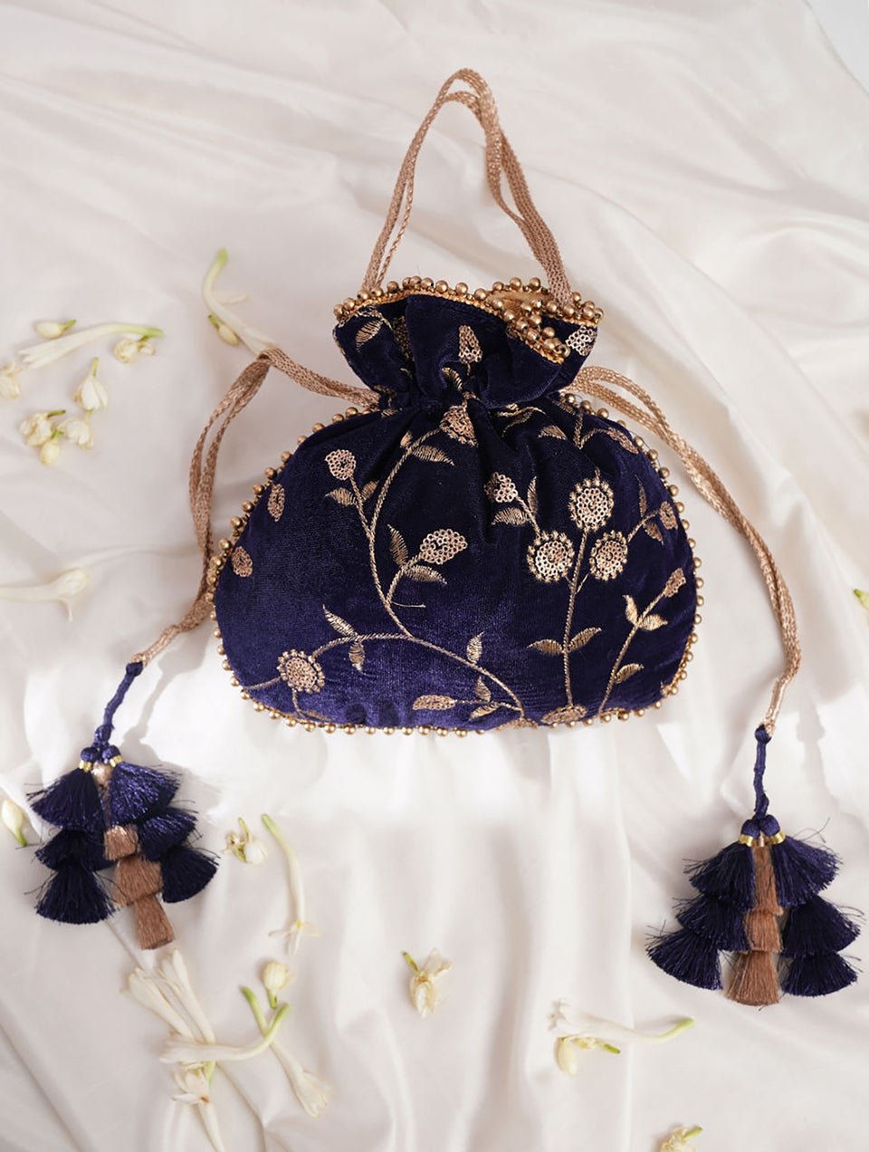 Women Navy Blue Velvet Potli Jaypore US