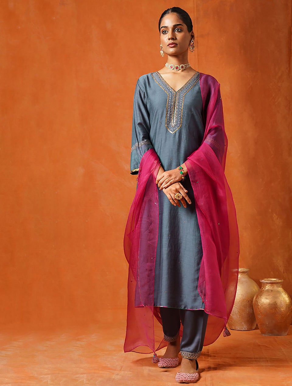 Women Blue Hand Embroidery V Neck Straight Kurta With Salwar