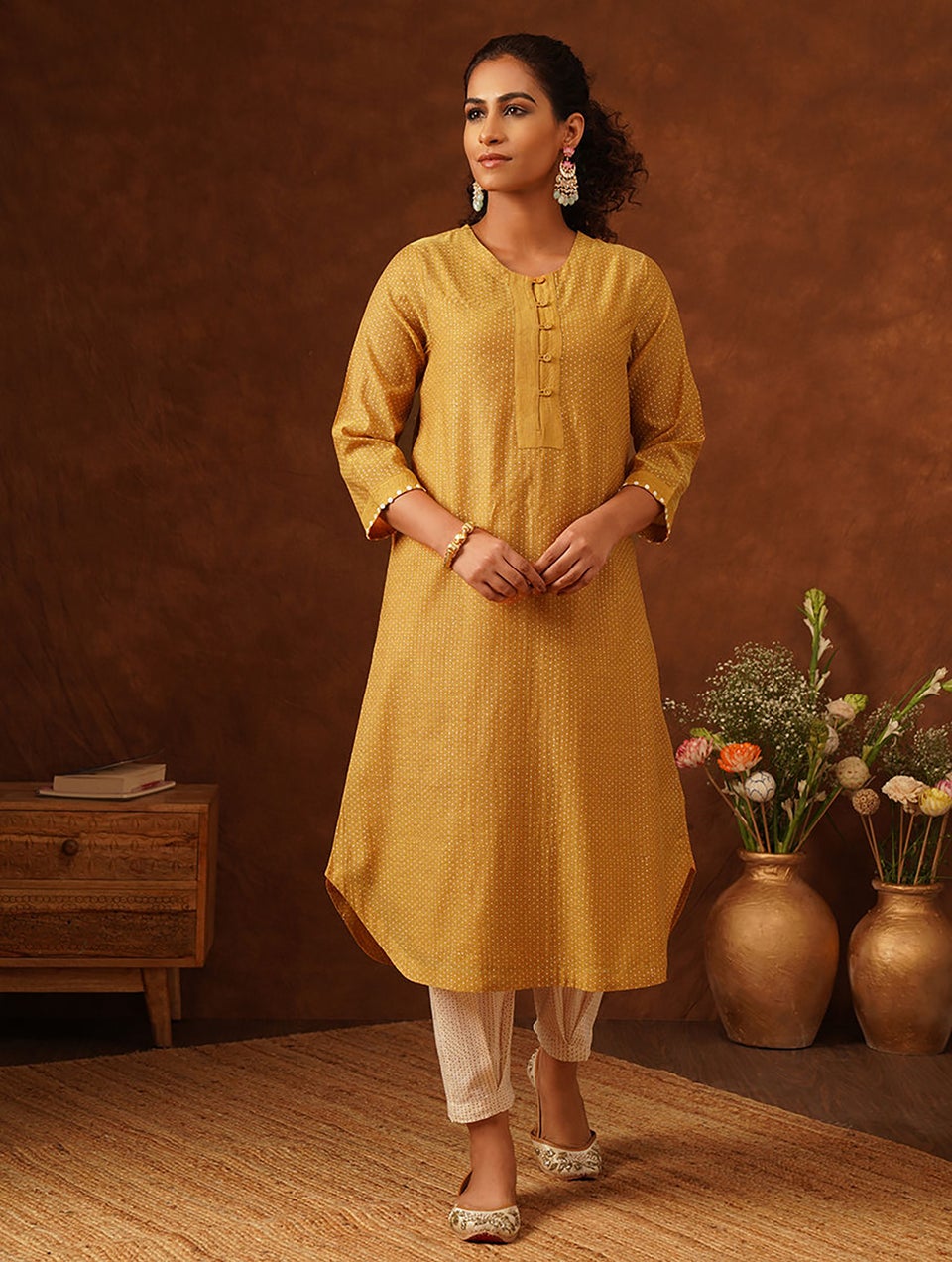 Women Mustard Yellow Printed Round Neck A Line Kurta And Slip