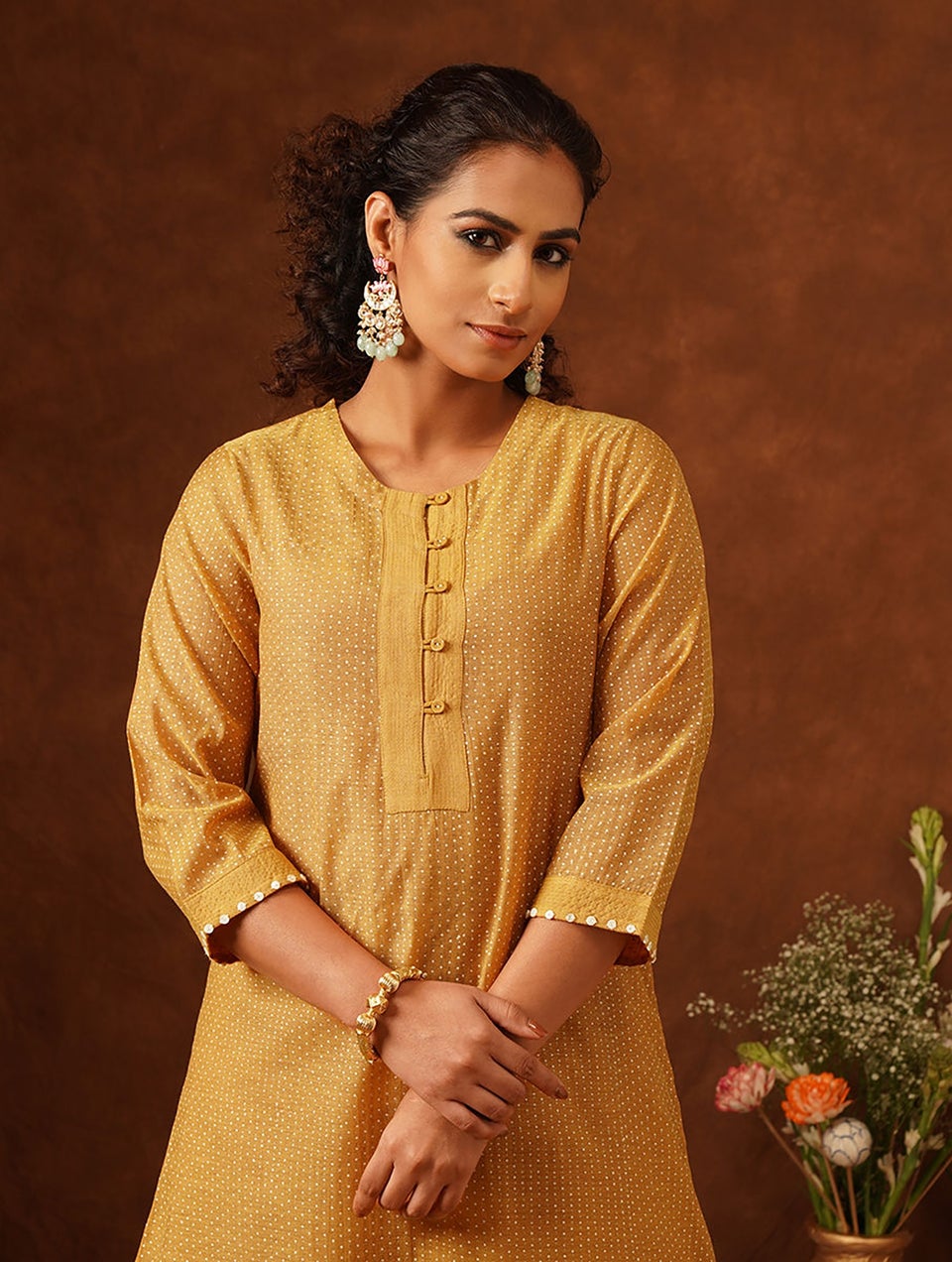 Women Mustard Yellow Printed Round Neck A Line Kurta And Slip
