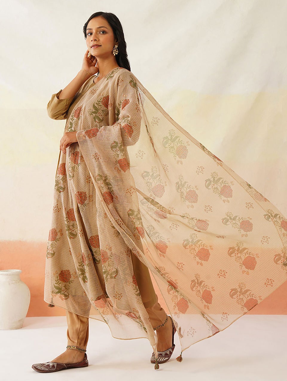 Women Beige Brown Kota Silk Printed Collection Dupatta
