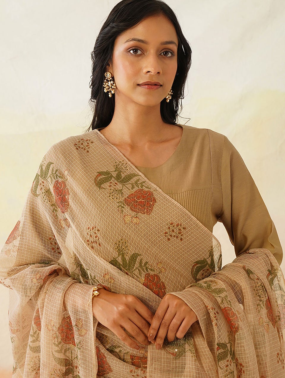 Women Beige Brown Kota Silk Printed Collection Dupatta