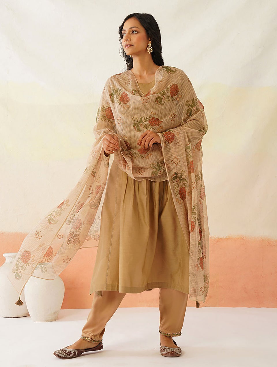 Women Beige Brown Kota Silk Printed Collection Dupatta