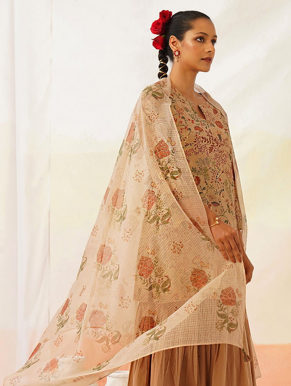 Women Beige Brown Kota Silk Printed Collection Dupatta