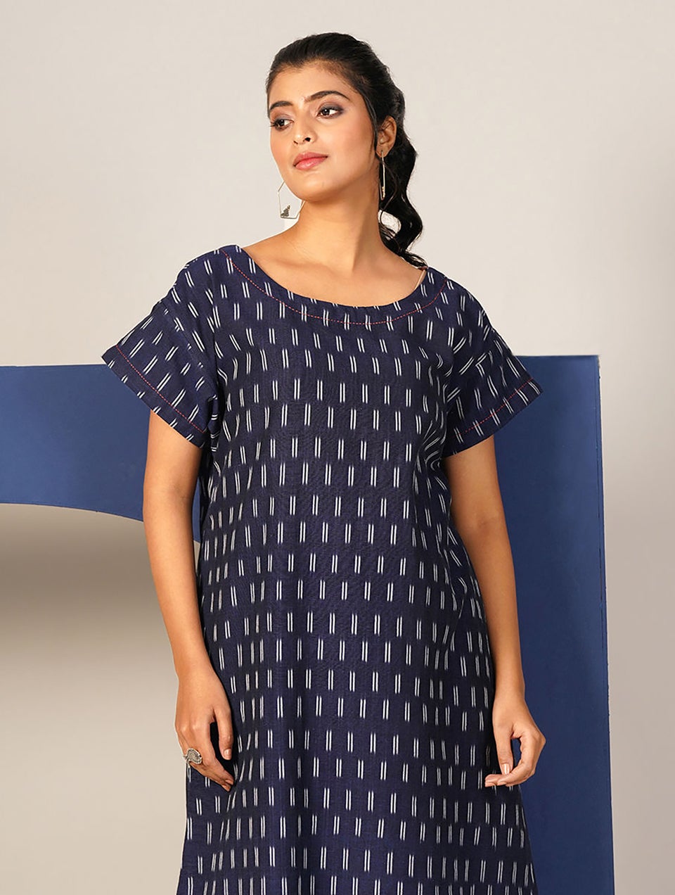 Women Blue Cotton Ikat Round Neck Regular Fit Kurta
