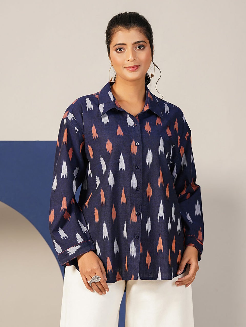 Women Blue Cotton Yarn Dyed Collar Neck Straight Fit Shirt